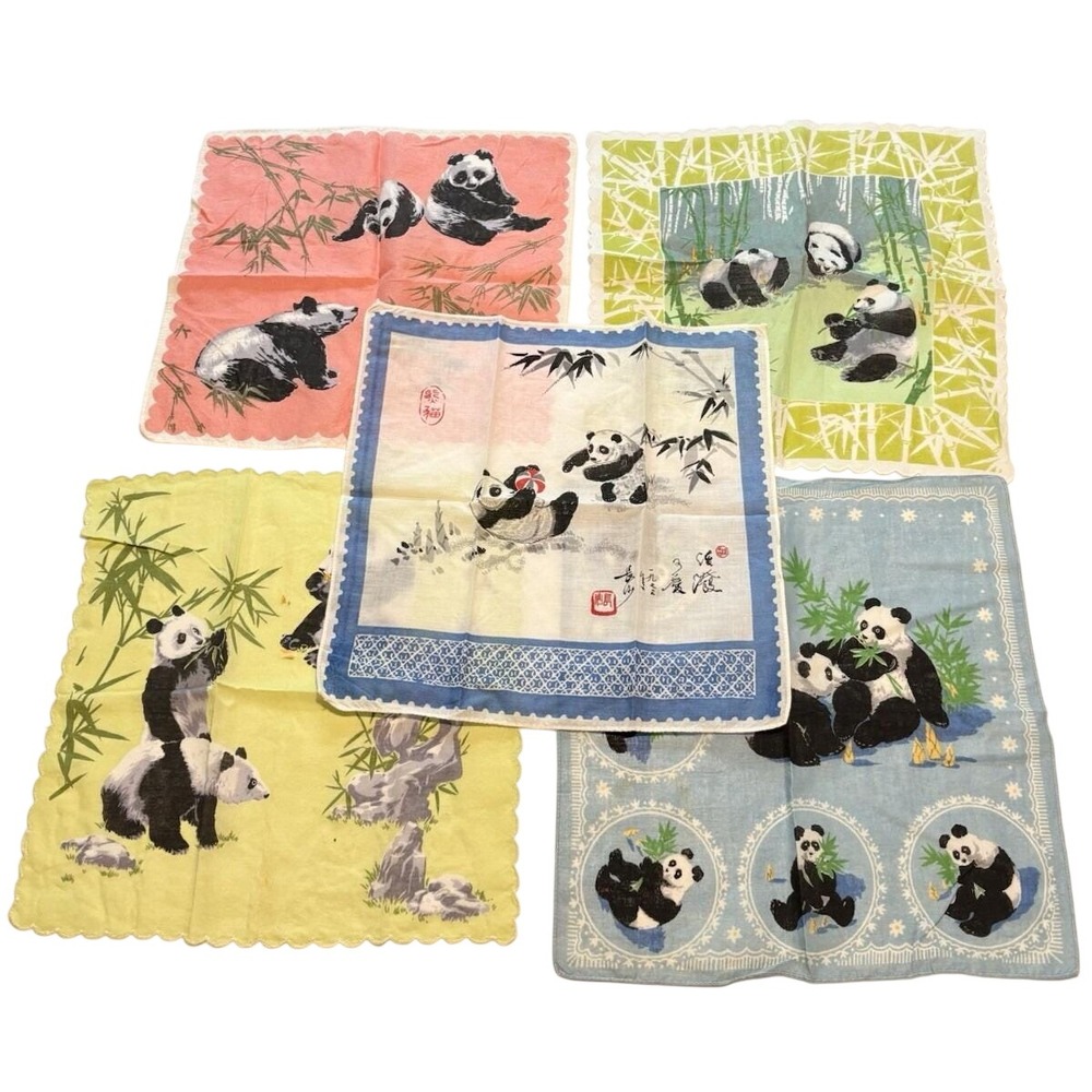 Vintage‎ Panda Handkerchiefs Set of 5 Cotton Bamboo Asian Animal Art Souvenir